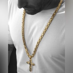LIKE NEW SPCY ice Gold Tribal Cross Necklace, with 30”  8mm Gold Byzantine Chain